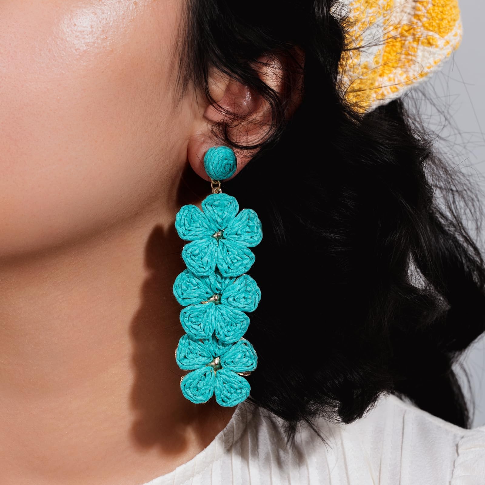 Boho Flower Earrings Statement Raffia Dangle Earrings Cute Floral Jewelry Trendy Summer Beach Vacation Outfits for Women