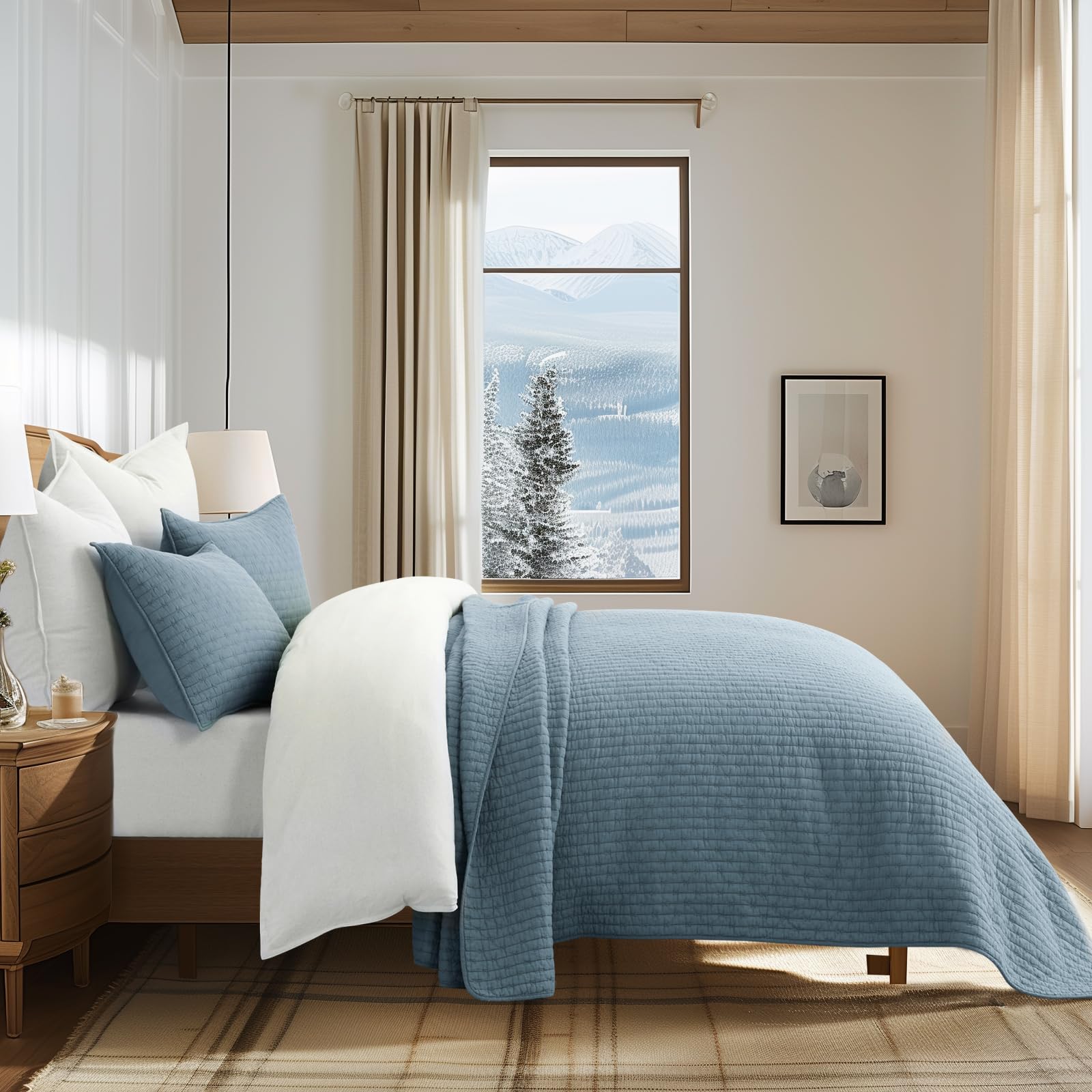 EVERGRACE Cotton Border Frame Tack-Stitch Quilt Bedding Set Queen Size, Coastal Oversized 3 Pieces Lightweight Bedspread Coverlet for All Season, with 2 Matching Shams, Blue Linen