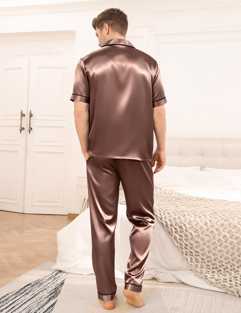 SWOMOG Mens Satin Pajama Set Short Sleeve Classic Sleepwear Button Down Silky Loungewear with Long Pants