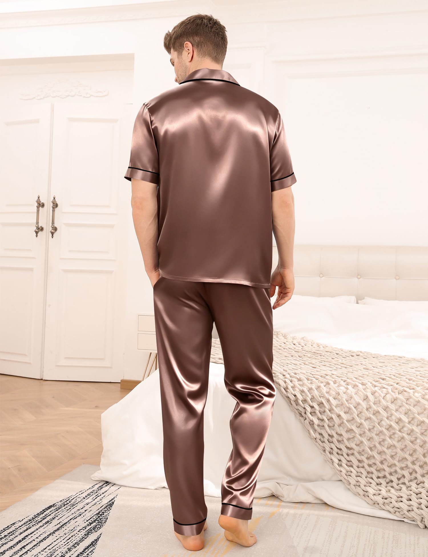 SWOMOG Mens Satin Pajama Set Short Sleeve Classic Sleepwear Button Down Silky Loungewear with Long Pants