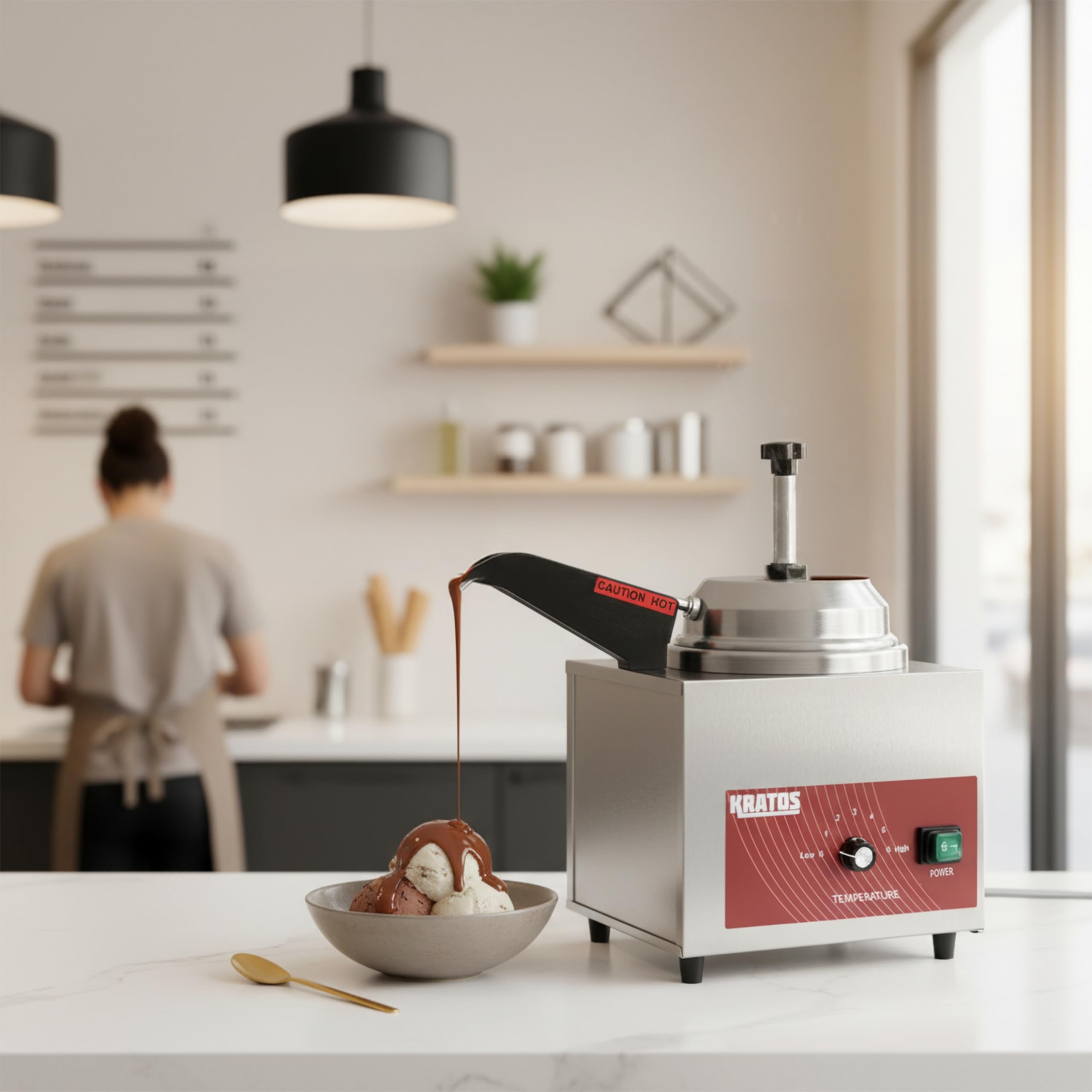 Kratos Commercial Hot Topping Dispenser with Heated Spout. 3.5 Quart Capacity - Accepts #10 Cans. Countertop Stainless Steel Warmer & Dispenser for Cheese, Hot Fudge, Caramel Sauce. 120V (29M-008)