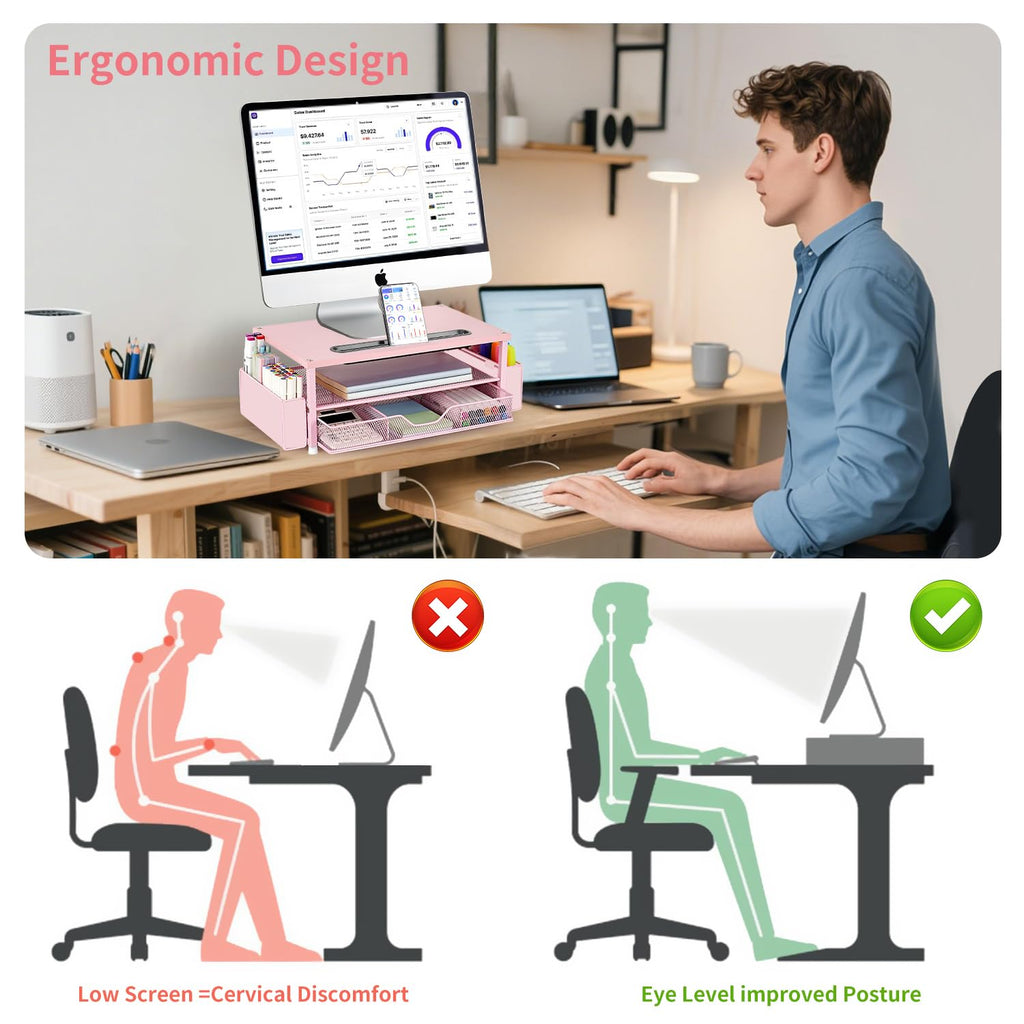 AUPSEN 2 Tier Computer Monitor Stands with Drawer and 2 Pencil Holder, Metal Monitor Stand Monitor riser, Computer Desk Organizer and Accessories for Laptop, Computer, Printer, Office Supplies(Black)