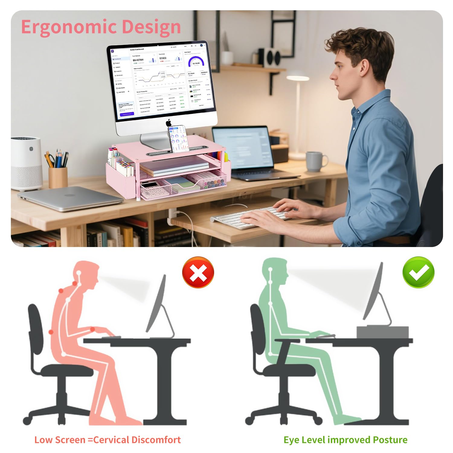 AUPSEN 2 Tier Computer Monitor Stands with Drawer and 2 Pencil Holder, Metal Monitor Stand Monitor riser, Computer Desk Organizer and Accessories for Laptop, Computer, Printer, Office Supplies(Black)