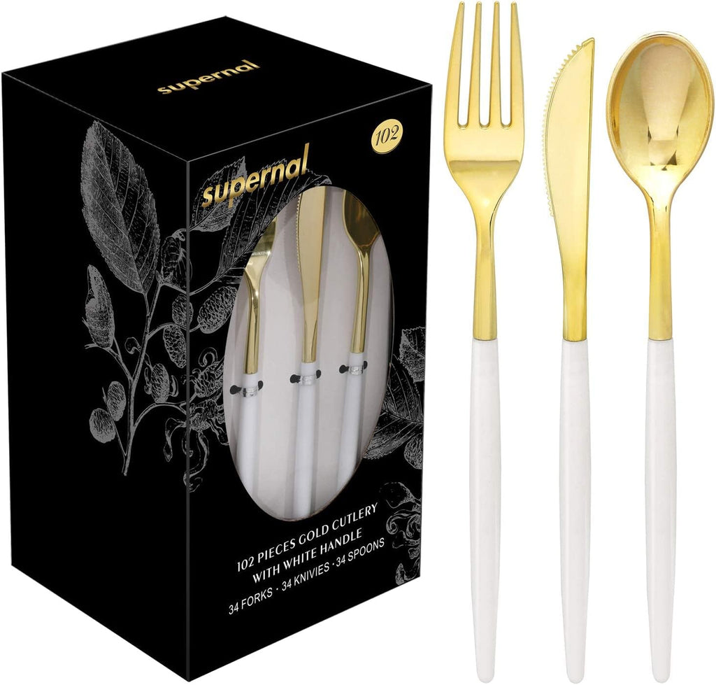 Supernal 102 Pcs Black and Gold Plastic Silverware Set,Heavy Duty Gold Disposable Cutlery for 34 Guests (34 Forks,34 Spoons,34 Knives),Elegant Plastic Flatware for Weddings,Parties & Upscale Events