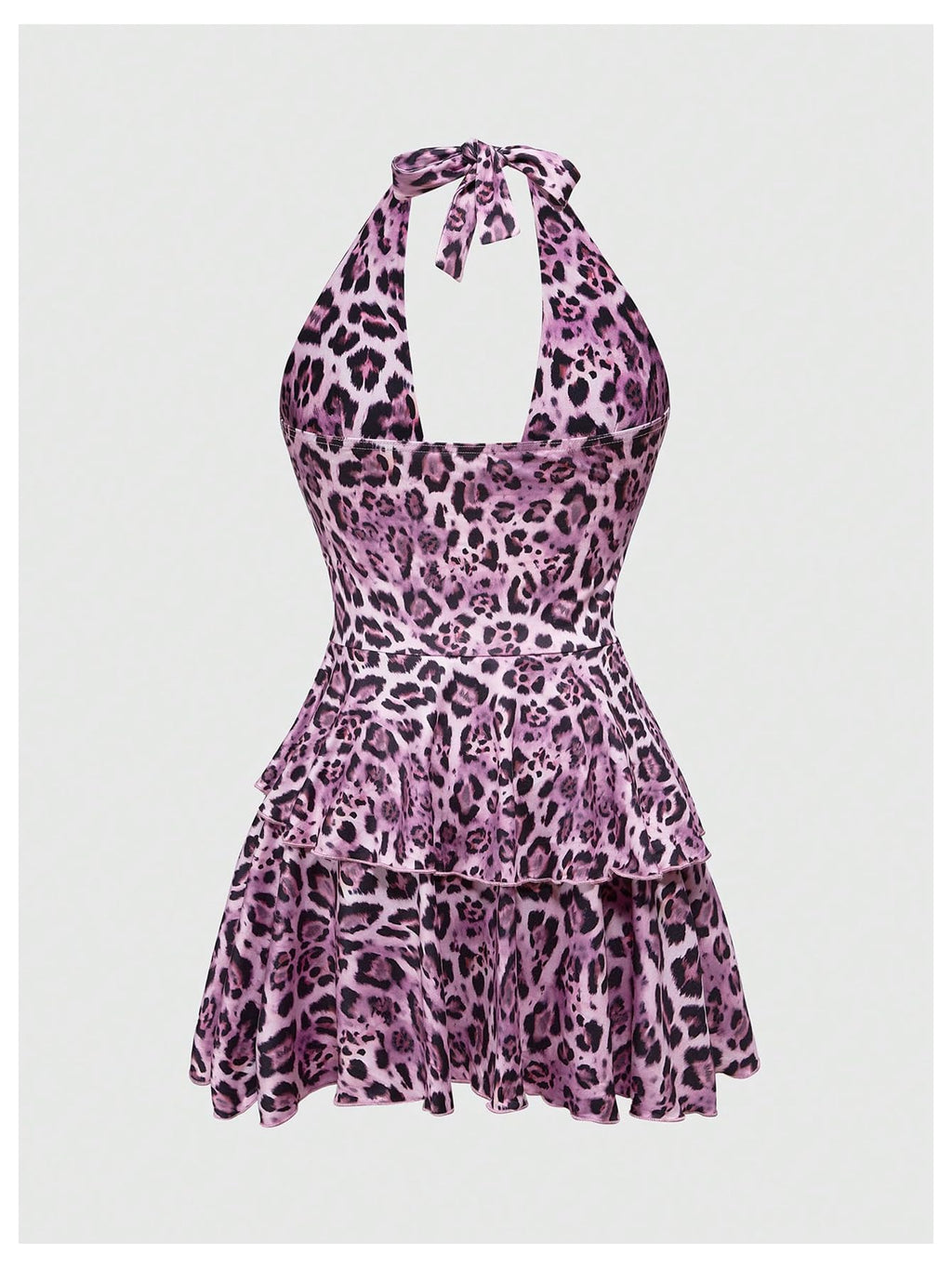 SOLY HUX Women's Plus Size Leopard Print Halter Dress Y2k Gothic Deep V Cheetah Tie Backless Layered Ruffle Mini Dresses