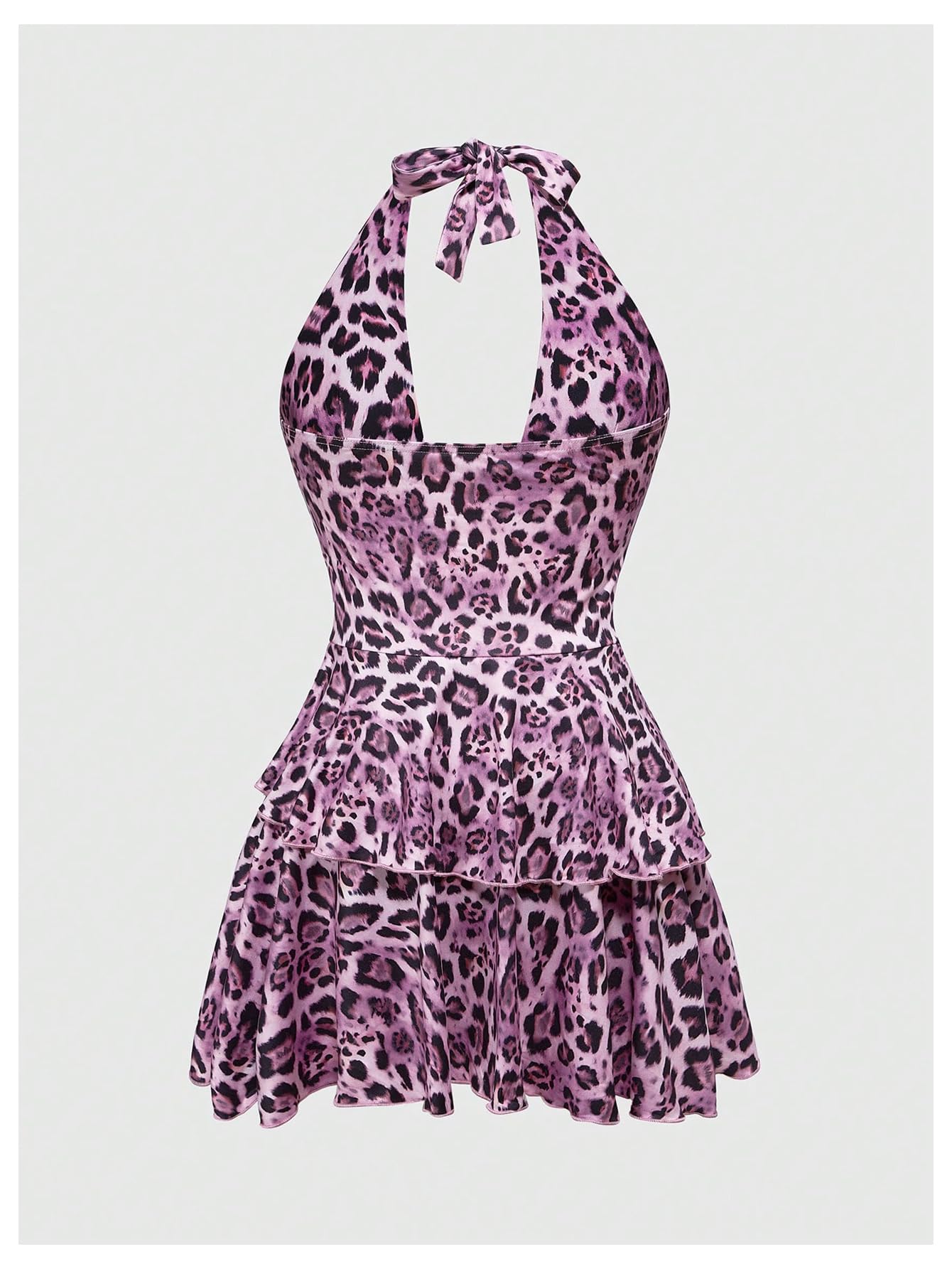 SOLY HUX Women's Plus Size Leopard Print Halter Dress Y2k Gothic Deep V Cheetah Tie Backless Layered Ruffle Mini Dresses