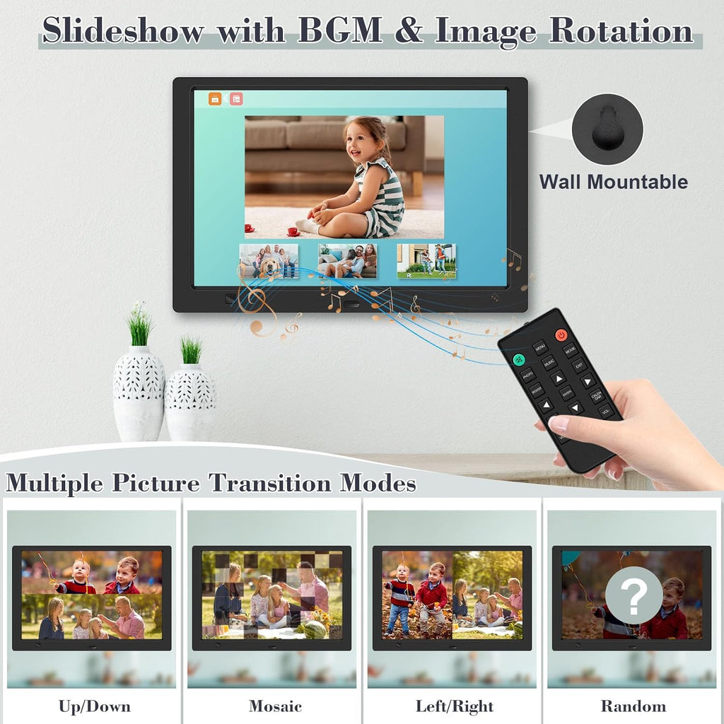 10.1" Digital Picture Frame, 1080P IPS Digital Photo Frame, No WiFi/App Needed, Plug & Play SD Card & USB, Remote & Motion Sensor, Photos/Videos/Music, Free 32GB USB