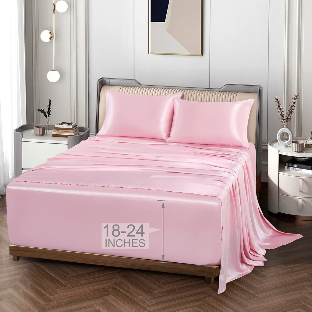 Vonty Extra Deep Pocket Full Sheet Sets - Cooling & Silky Satin Full Size Sheets with 18-24 Inch Deep Pocket, Black Satin Bed Sheets Fit Up to 24" Deep Mattress - 4 Piece Set