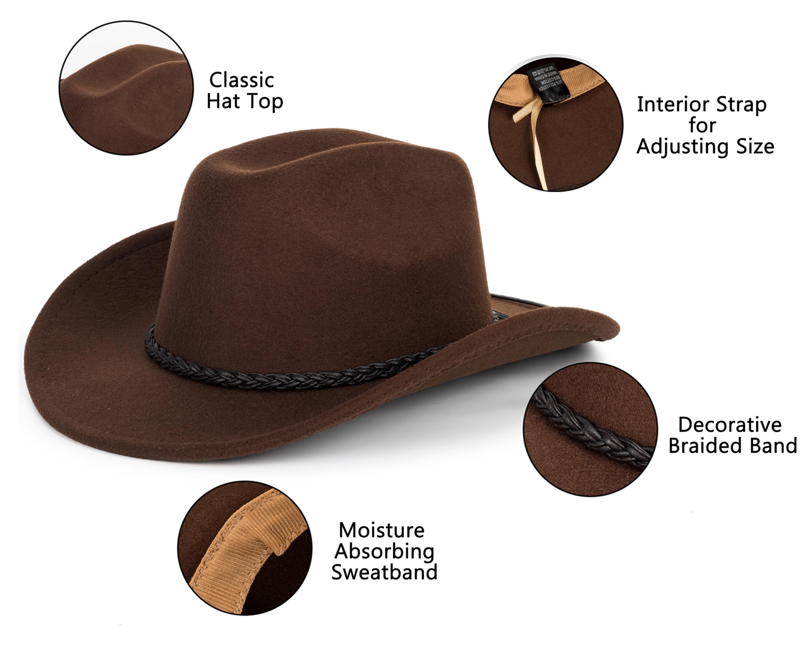 Vintage Western Cowboy Hat for Men Women - Wide Brim Cowgirl Fedora Hats with Braided Rope Band M