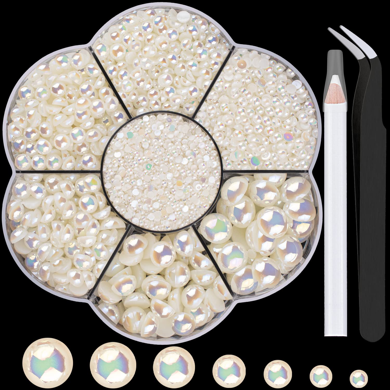 BELLEBOOST 5600pcs ABS Round Flat Back Beige Pearls Kit with Pickup Tools for Nail Art, Face, Body Decorations