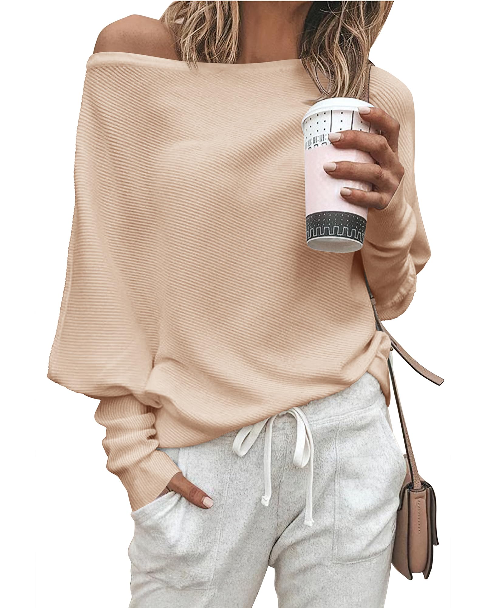 Zenlonr Women's Fall Sweaters 2026 Casual Long Batwing Sleeve Loose Off Shoulder Knit Pullovers Jumper Tops