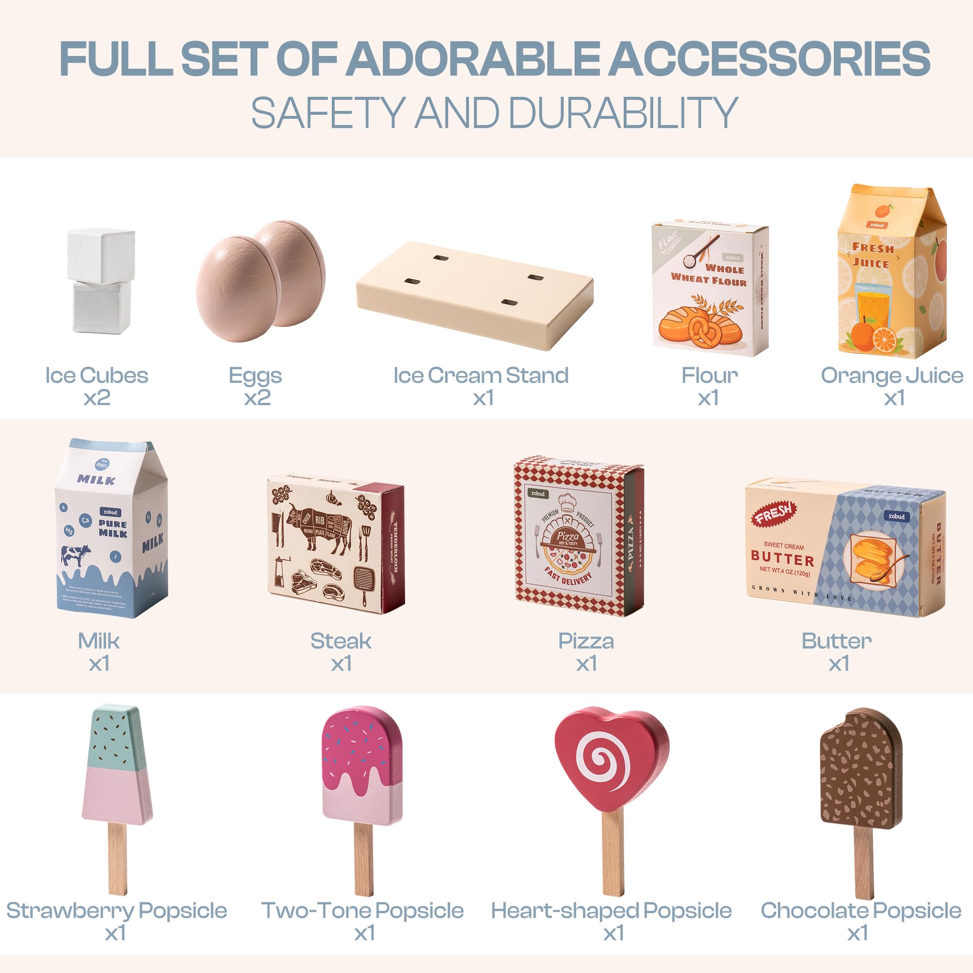 ROBUD Wooden Play Kitchen Fridge, Toy Kitchen Refrigerator, Kids Fridge Freezer Set with Ice Maker, Kitchen Playset Gift for Kids & Toddlers, Age 3+ (Caramel)