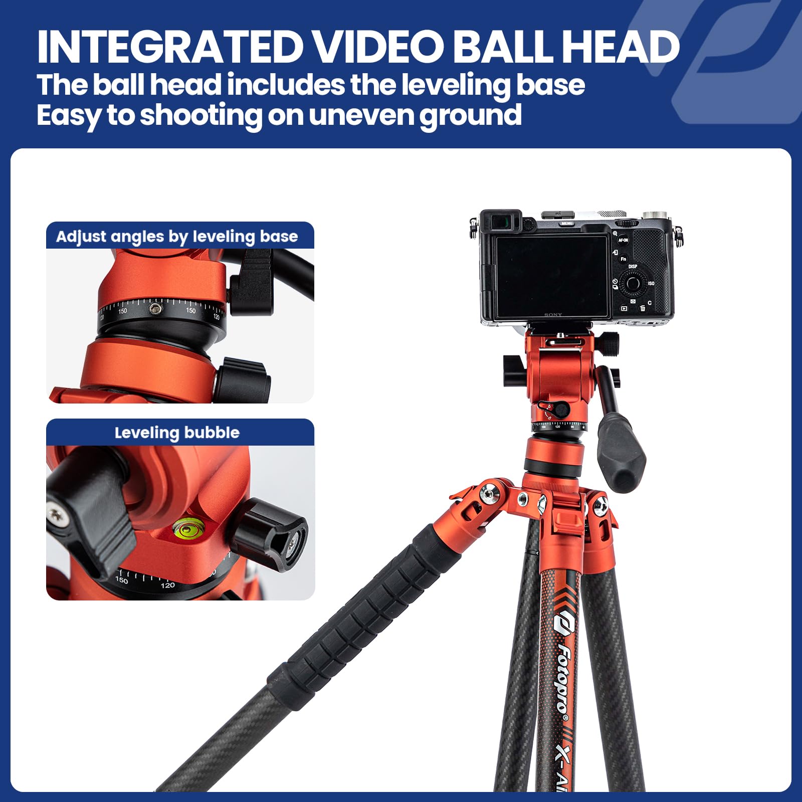 Fotopro 60" Camera Tripod, Carbon Fiber Travel Tripod with 360° Ball Head, Ultralight 2.1lbs, 22lbs Load, Quick Lock, Folds to 14.3" Carry-On, for DSLR Mirrorless Cameras, X-Aircross 3 Blue