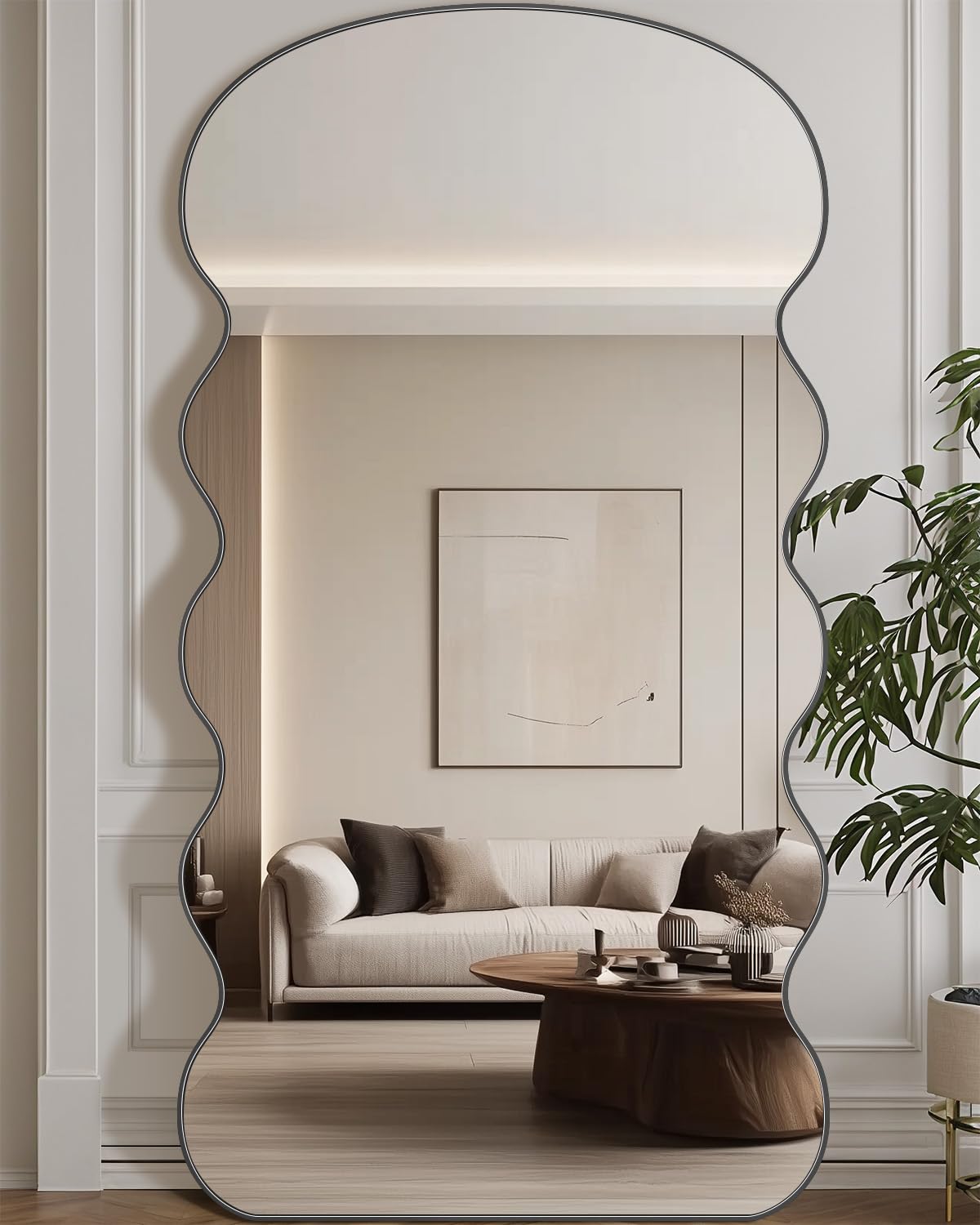 Full Length Mirror, 76"x34" Wavy Floor Mirror Freestanding, Floor Standing Full Body Mirror with Stand for Bedroom, Hanging Mounted for Living Room Cloakroom, Black