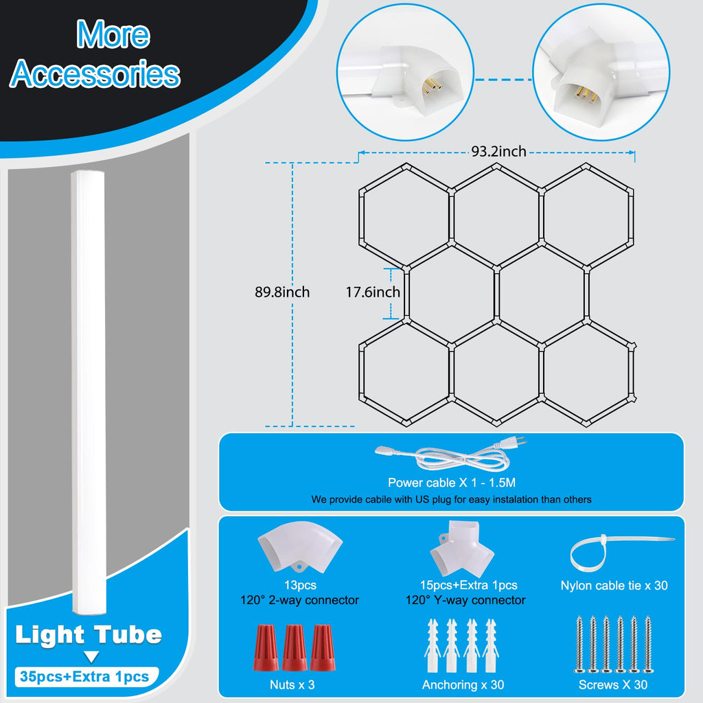 LZHOME LED Hexagon Garage Light: 12700LM Car Detailing Shop Light, DIY Splicing Ceiling & Wall Decor Lights, for Workshop Basement Gym Warehouse Bar Gaming Room