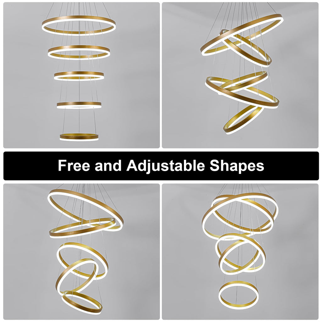 5-Rings Modern LED Chandelier Black Dimmable High Ceiling Chandelier for Dining Room with Remote Control for Foyer Living Room Entryway Staircase(D23.6’’, 3000K-6500K)