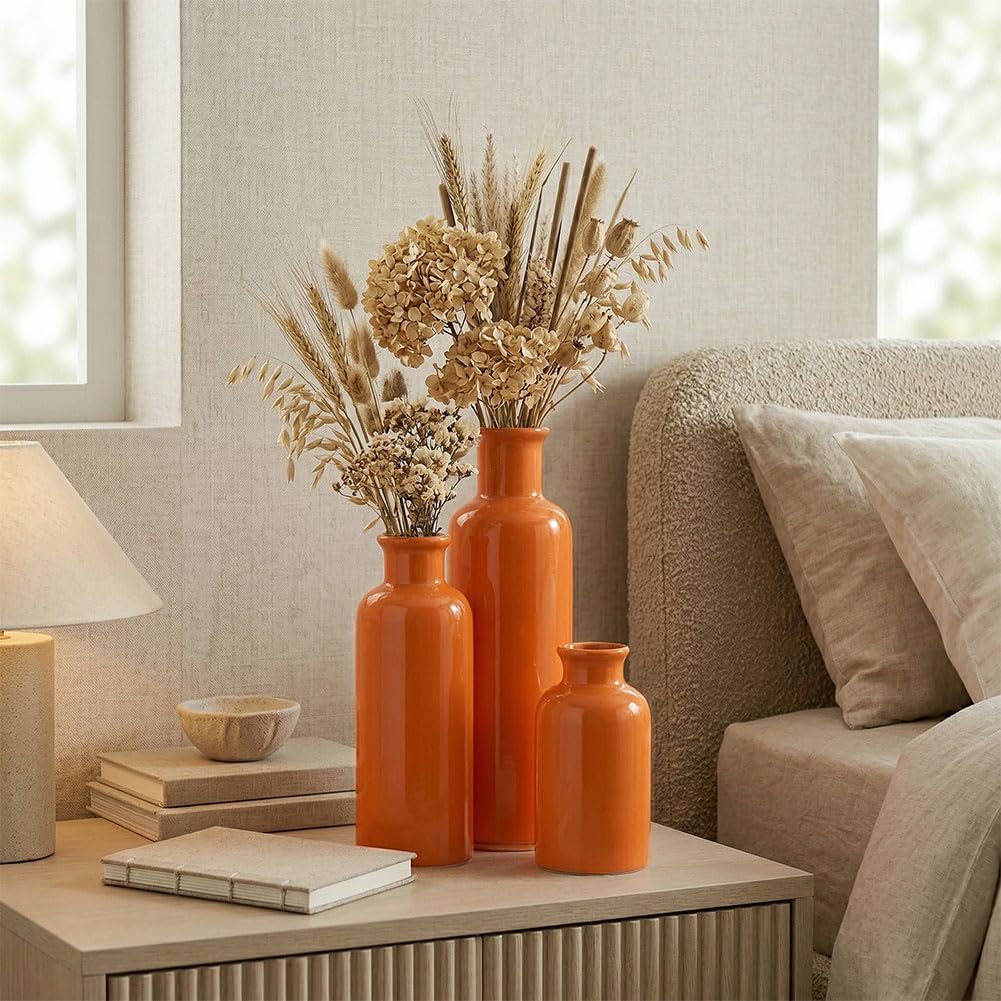 Ceramic Vase Set - 3 Ceramic Small Vases, Farmhouse Country Flower Vase Home Decor, Living Room Decoration, Table Decoration, Fireplace Decor, and Entrance Decorations Centerpieces