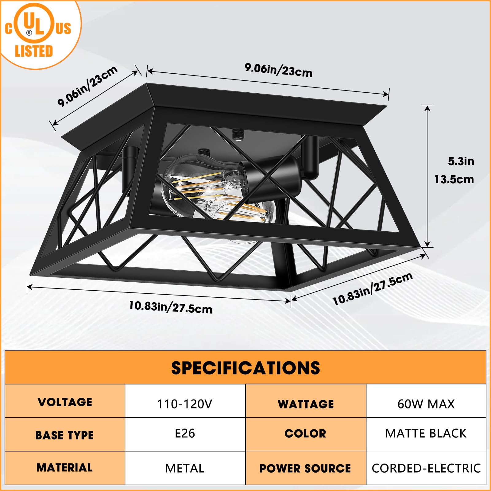 FadimiKoo 2-Light Black Flush Mount Ceiling Light Fixture, Industrial Hallway Light Fixtures Ceiling Mount for Farmhouse Kitchen, Square Cage Ceiling Lamp for Dining Room, Living Room, Entryway