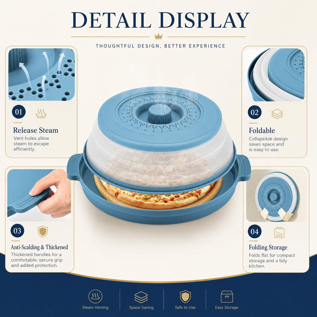 Microwave Splatter Cover for Food with Anti-scald Base Plate,Large Plastic & Silicone Vented Avoid Scalding Collapsible Guard Lid, Plate Holder & Kitchen Colander for Meal Prep-10.7 Inch (2 Pcs BRed)