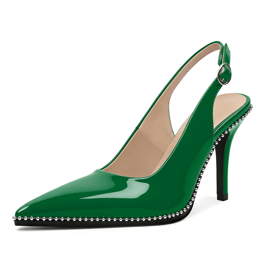 Zamikoo Women Beaded Pumps High Heel Slingback Pointed Toe Slip On 3.5 Inch Stilettos Ankle Strap Adjustable Buckle Patent Leather US Size 5 -Size 13