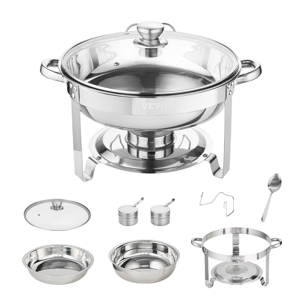 VEVOR Chafing Dish Buffet Set, 5 Qt 4 Pack, Stainless Steel Chafer with 4 Full Size Pan, Round Catering Warmer Server with Glass Lid Water Pan Folding Stand Fuel Holder, for Wedding Banquet, Gold