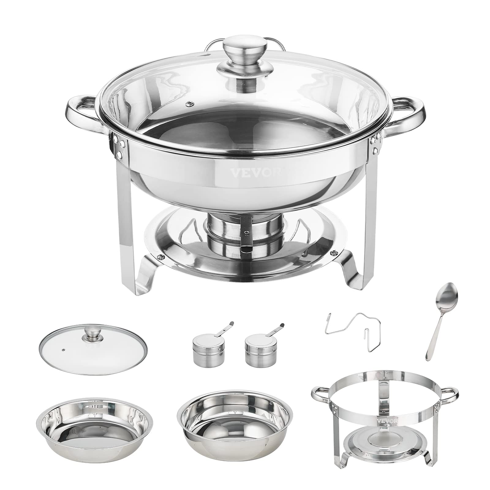 VEVOR Chafing Dish Buffet Set, 5 Qt 4 Pack, Stainless Steel Chafer with 4 Full Size Pan, Round Catering Warmer Server with Glass Lid Water Pan Folding Stand Fuel Holder, for Wedding Banquet, Gold