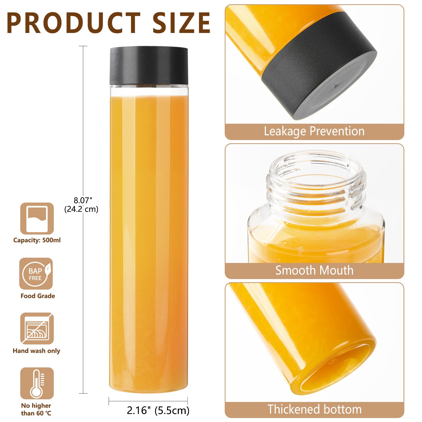 zmybcpack 24 Pack 10 OZ (300 ml) Clear PET Plastic Juice Bottles with Black Lids - Plastic Smoothie Bottles Ideal for Juice, Milk, Homemade Beverages