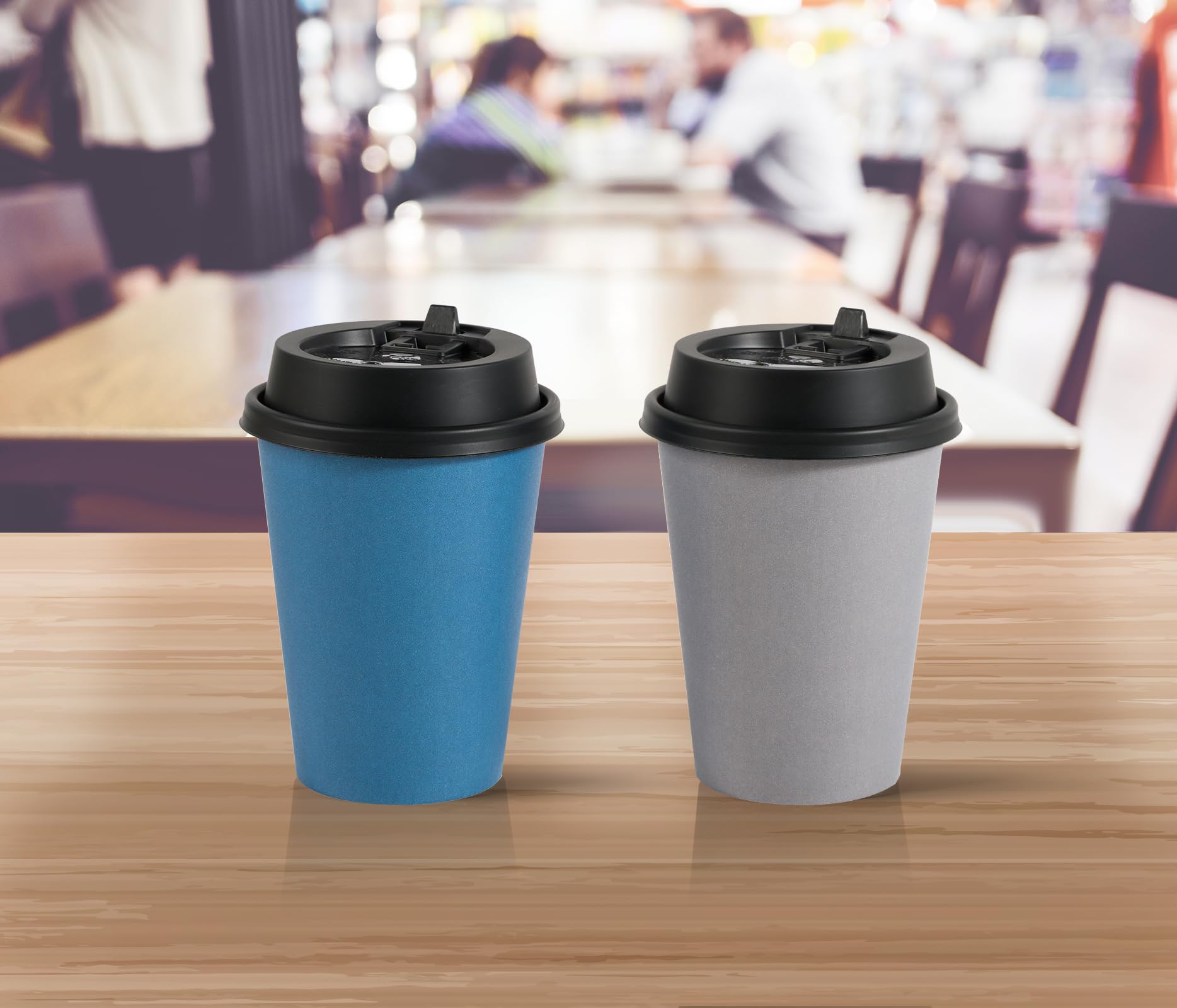 LITOPAK 100 Pack 10 oz Disposable Paper Coffee Cups with Lids for Coffee, Water, Juice, or Tea, Blue and Gray Hot Paper Cups for Home, Restaurant, Store, and Cafe