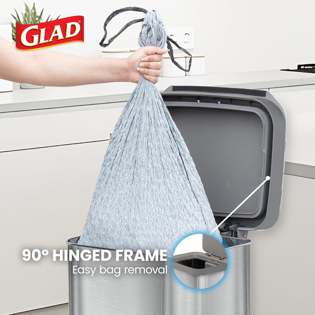 Glad 13 Gallon All Brushed Stainless Steel Trash Can with Clorox Odor Protection | Large Metal Kitchen Garbage Bin with Soft Close Lid, Garbage Bag Rings, Step On Foot Pedal and Waste Bag Roll Holder