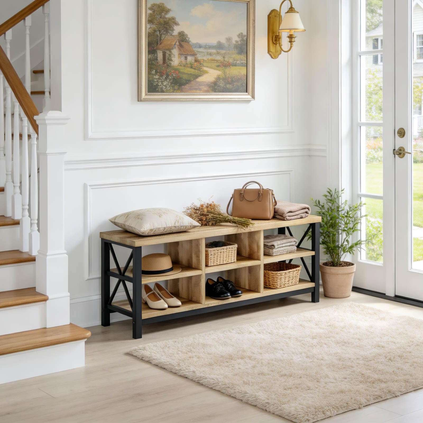 FATORRI Entryway Bench with Storage, 41 Inch Shoe Storage Bench, Industrial Wood Shoe Bench for Entry Way, Living Room, Bedroom and Mudroom (Black)