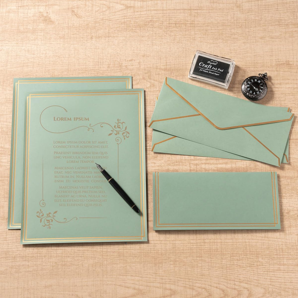 50 Pack Stationery Set with Envelopes, Cream Color, 8.5x11 Inches | Gold Border, #10 Business Envelopes and 8.5x11 Paper Sheets, Stickers for Letter Writing, Invitations