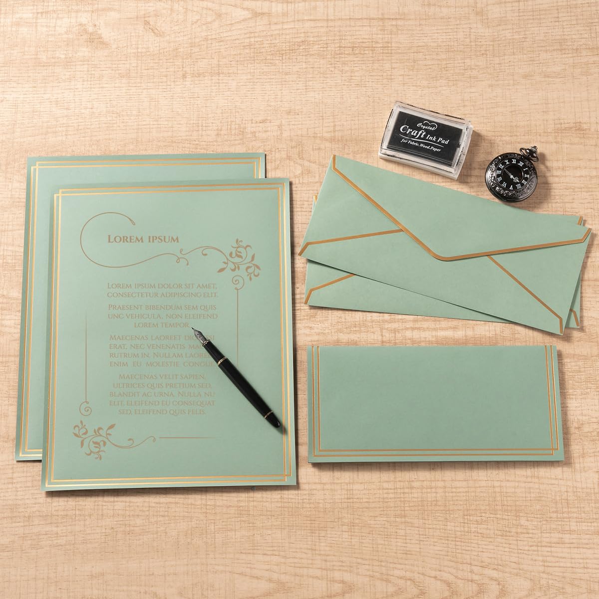 50 Pack Stationery Set with Envelopes, Cream Color, 8.5x11 Inches | Gold Border, #10 Business Envelopes and 8.5x11 Paper Sheets, Stickers for Letter Writing, Invitations