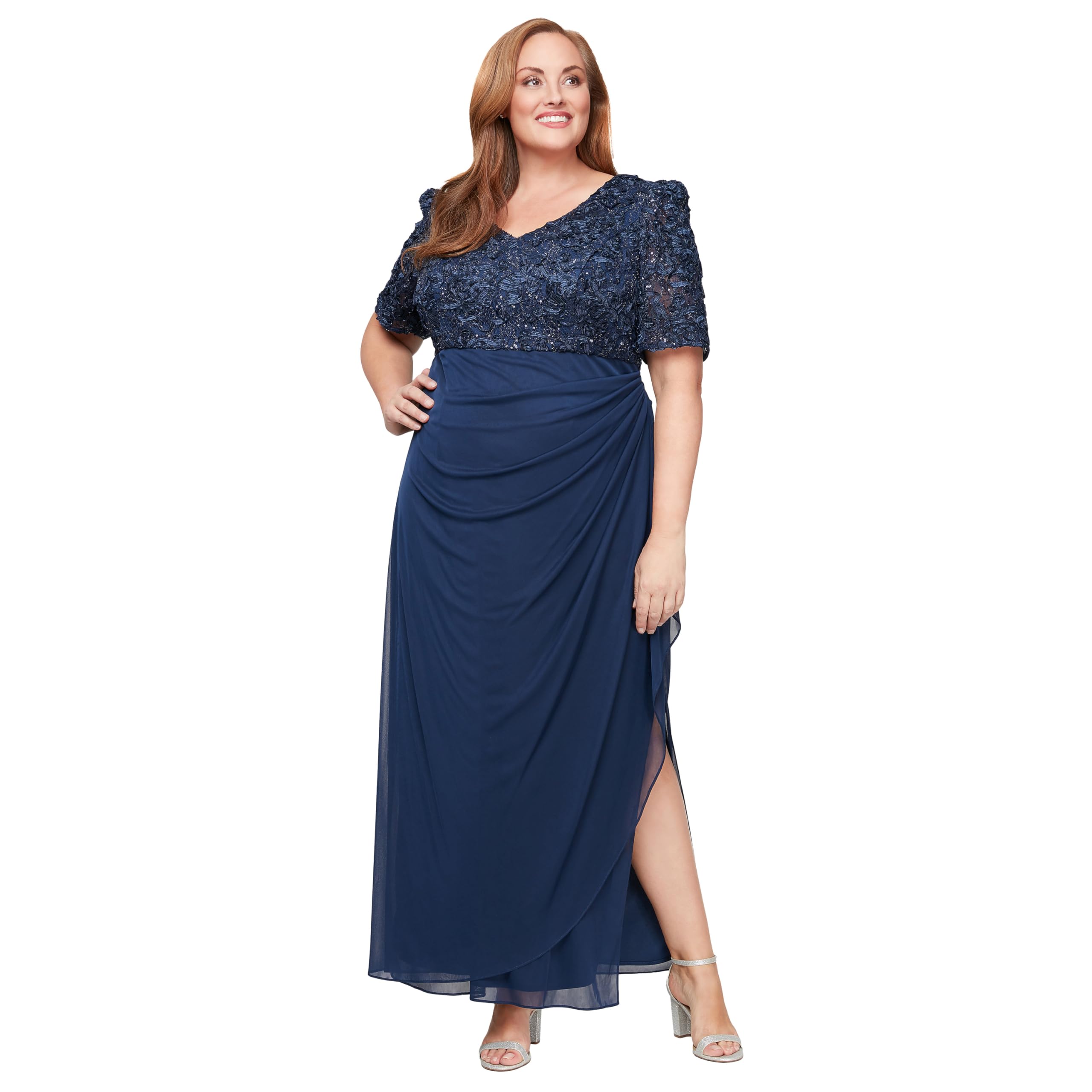 Alex Evenings Women's Long Stretch Sequin Bodice Mother of The Bride Dress with Empire Waist (Petite and Regular Sizes)