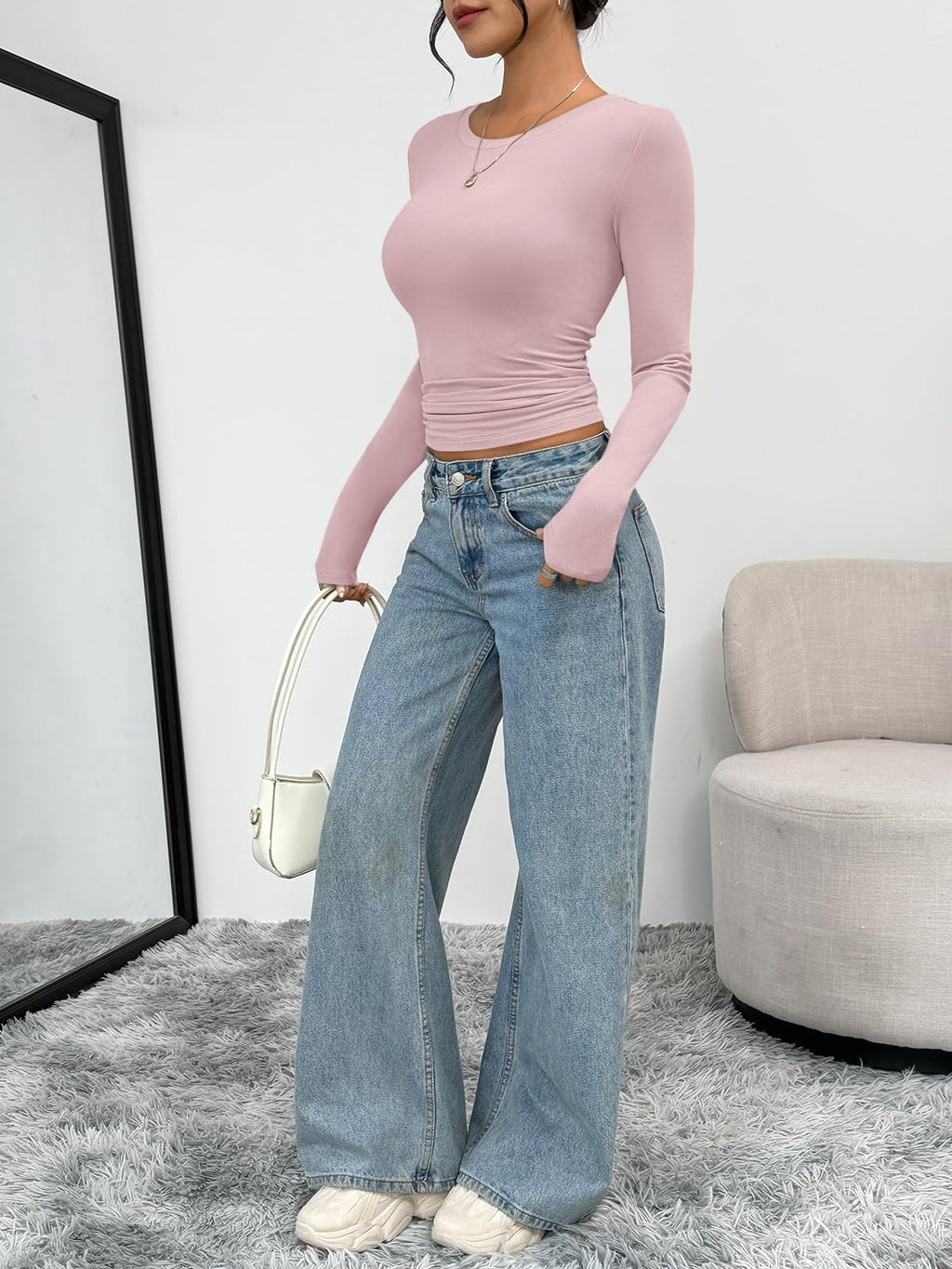Trendy Queen Womens Long Sleeve T-Shirts Basic Crop Tops 2026 Spring Fashion Outfits Going Out Winter Clothes