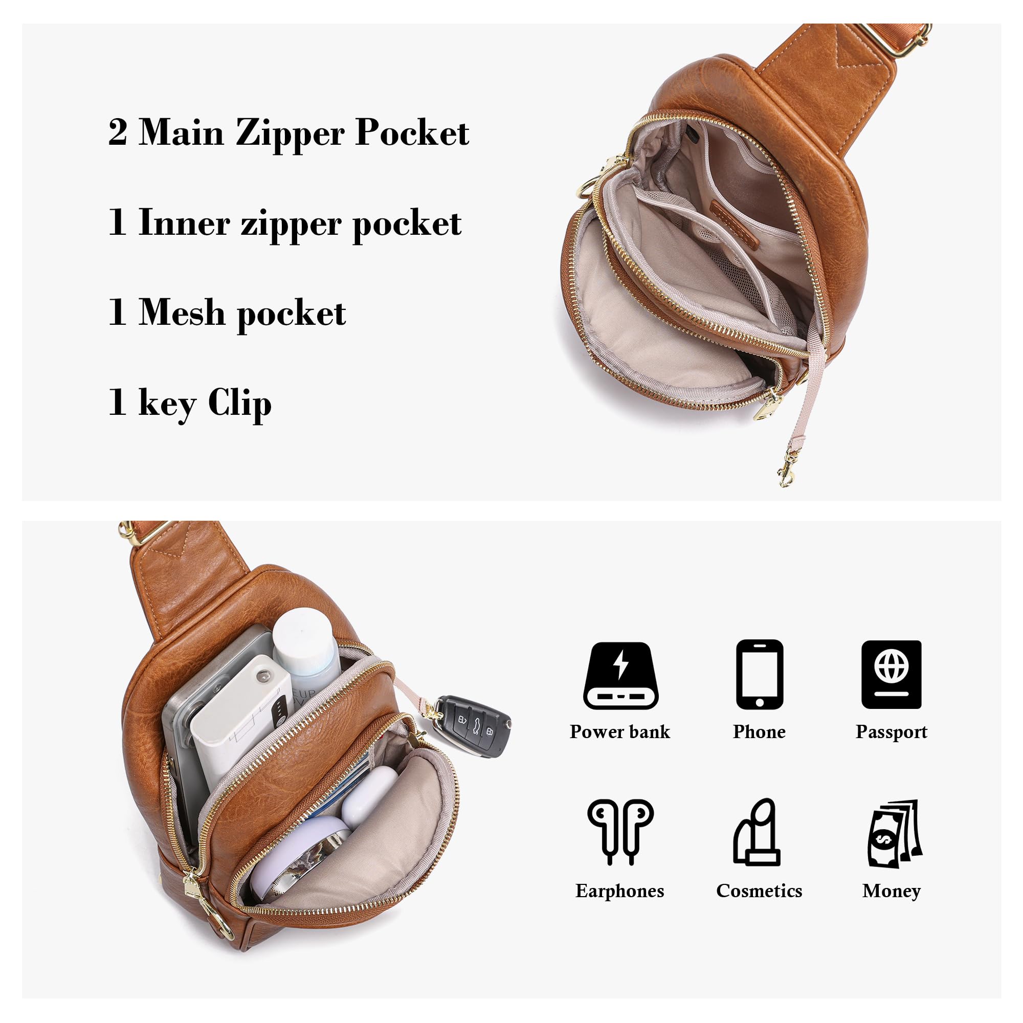 INICAT Small Crossbody Sling Bags Faux Leather Fanny Packs Purses for Women Everyday & Travel