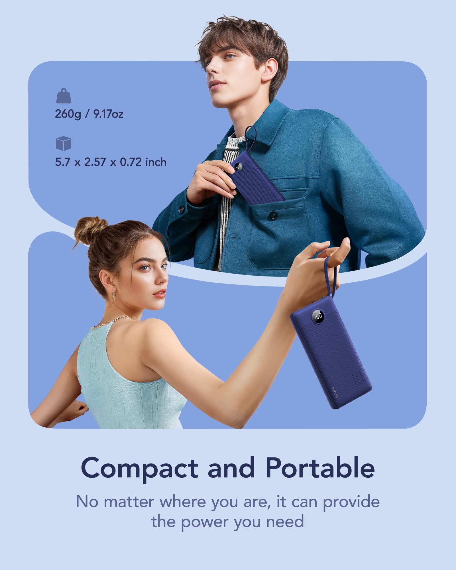 VRURC Portable Charger Power Bank, USB C Battery Pack 10000mAh, Flight-Safe Travel Essentials, 5 Outputs 2 Inputs Slim Phone Charging Bank Built-in Cables for Multi Devices-Lavender(1 Pack)