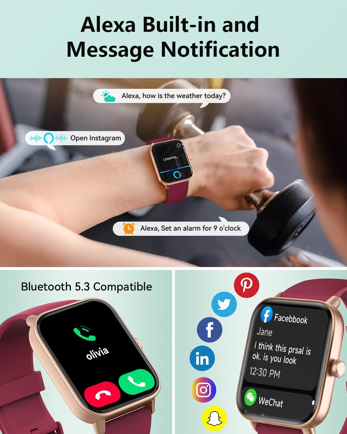 Quican Smart Watches for Women, Compatible for iPhone and Android Phones, Calling, Heart Rate/Sleep Monitor, Alexa, 1.8" Fitness Tracker Watch, Waterproof, Gifts for Women, Silicone Band, Baby Pink