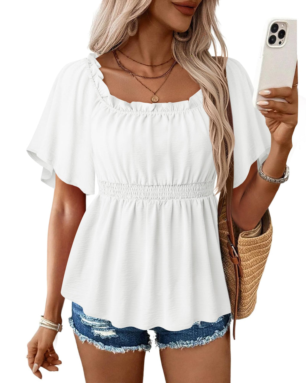 Bebonnie Women's Summer Sexy Off The Shoulder Peplum Tops Ruffle Sleeve Dressy Blouses