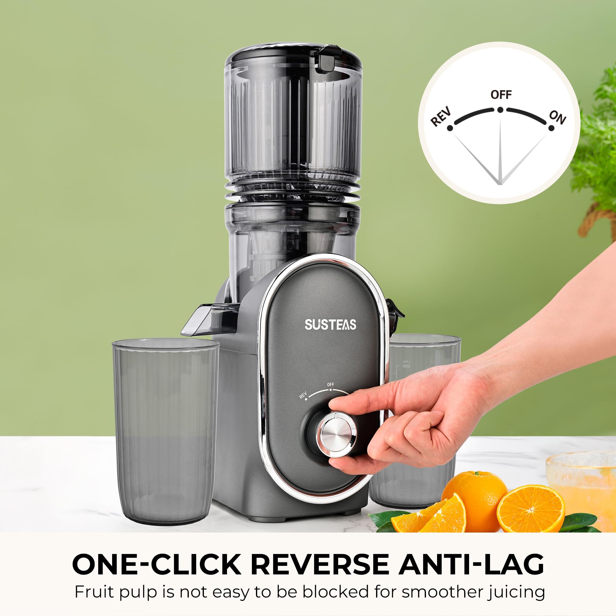 SUSTEAS Cold Press Juicer, 5.3" Feed Chute Slow Masticating Machines with 300W, Fit Whole Fruits & Vegetables, High Juice Yield, Easy to Clean, White