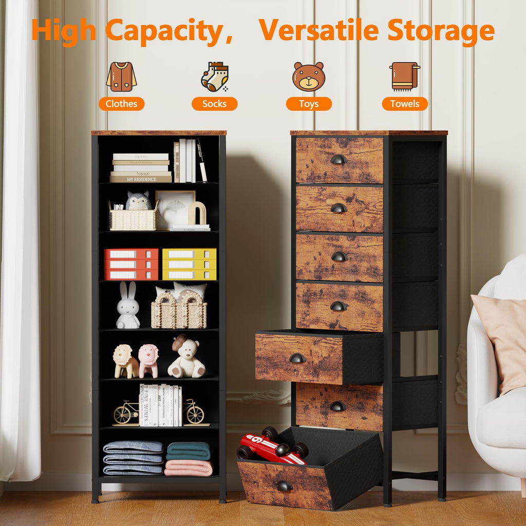 Furnulem Tall Dresser with 6 Drawers,Vertical Bedside End Table & Chest for Bedroom,Black Storage Tower Dorm Nightstand with Fabric Drawer Organizer Unit Furniture in Living Room,Closet,Hallyway