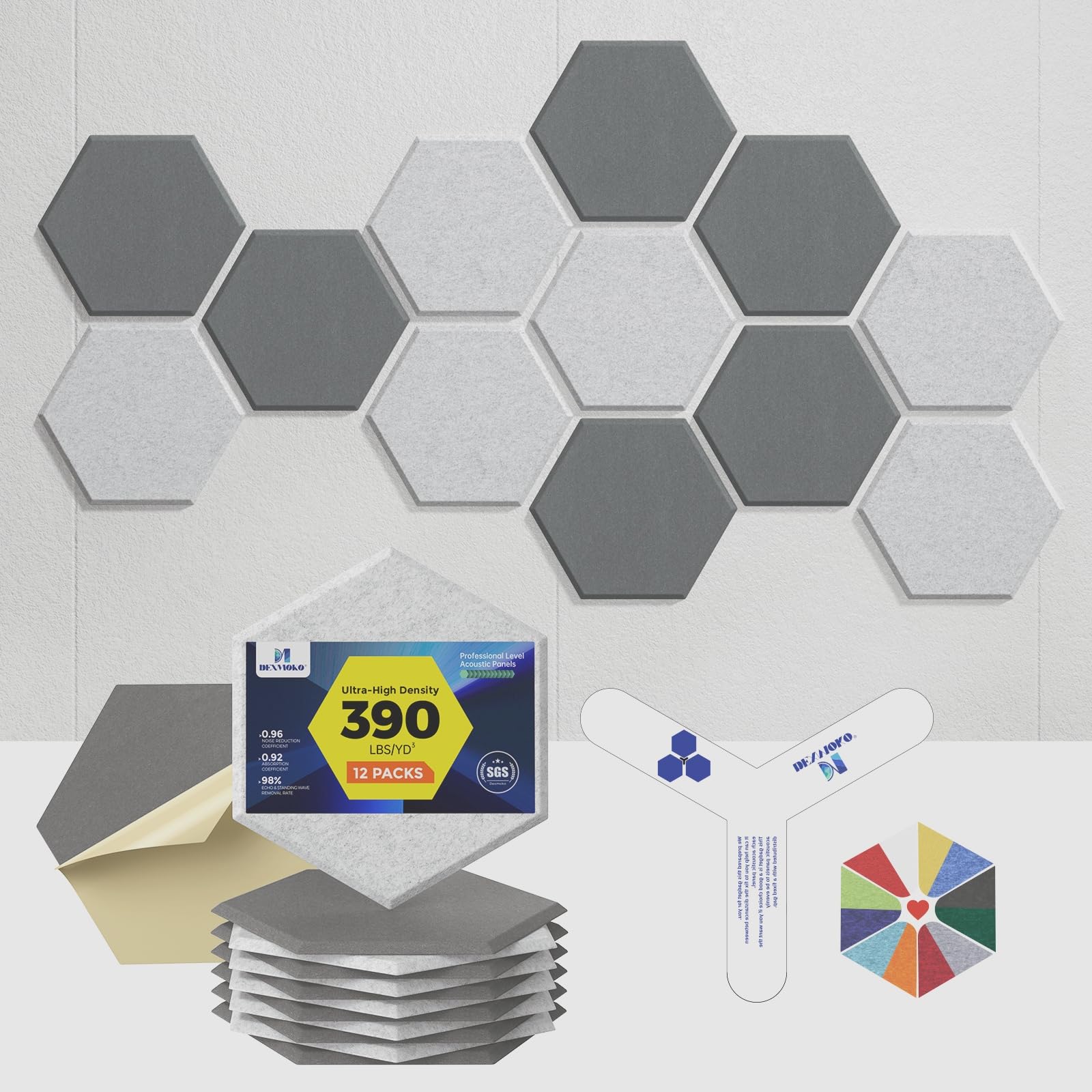 Self-Adhesive Acoustic Panels [390 lbs/yd³ Ultra-High Density], 2nd Generation Sound Absorbing Panel, Professional Level Sound Panel, Polyester Soundproof Foam [Medium Hexagon, Beige]