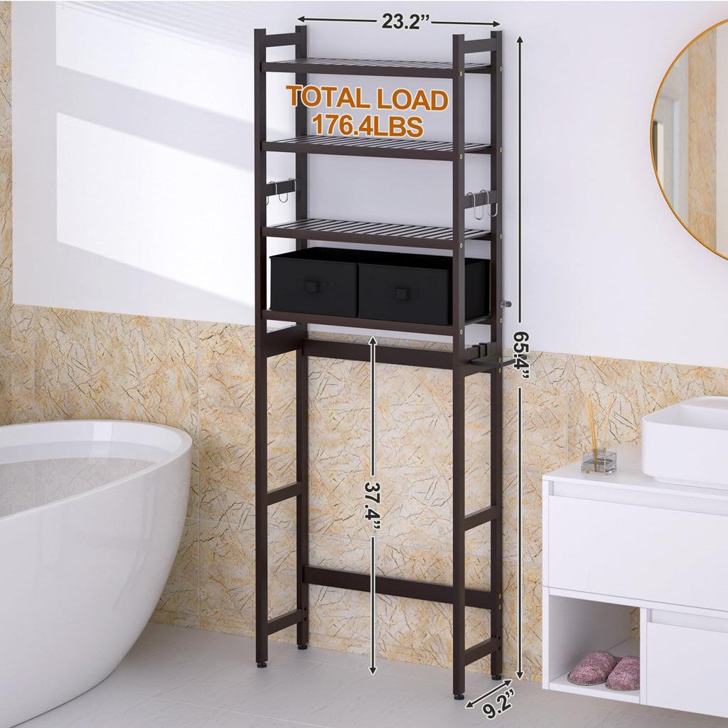 Cozivolife Over The Toilet Storage: 4-Tier Bamboo Organizer Rack with 2 Baskets & Paper Holder & 4 Hooks & Waterproof Feet Pad, Adjustable Freestanding Shelf for Bathroom (Brown)
