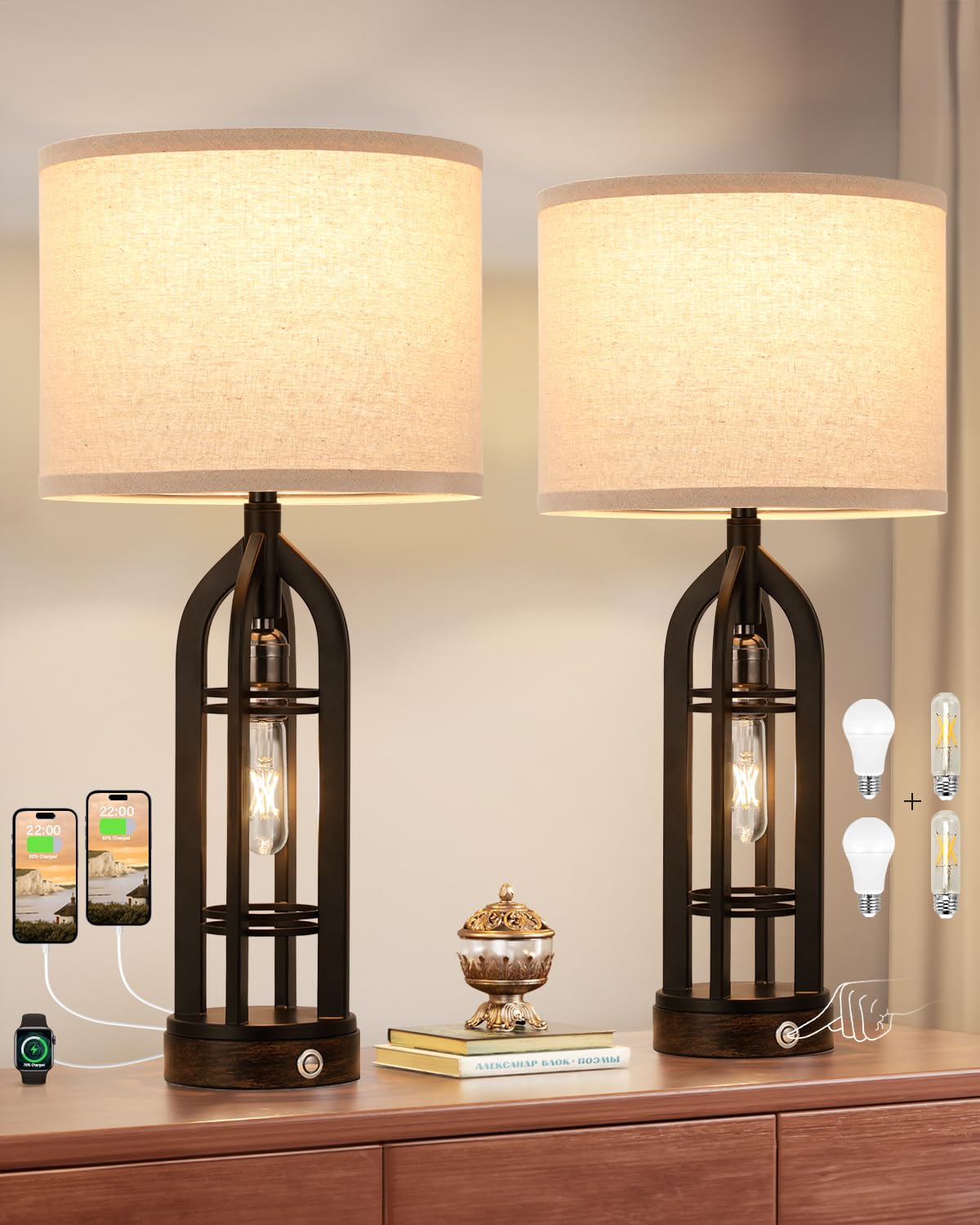 Seealle Table Lamp for Living Room Set of 2 - Wood-Like Bedside Lamp for Bedroom with USB C+A & Outlet, Farmhouse Lamps for Night Stands, 3-Way Dimmable Touch Lamps for Living Room