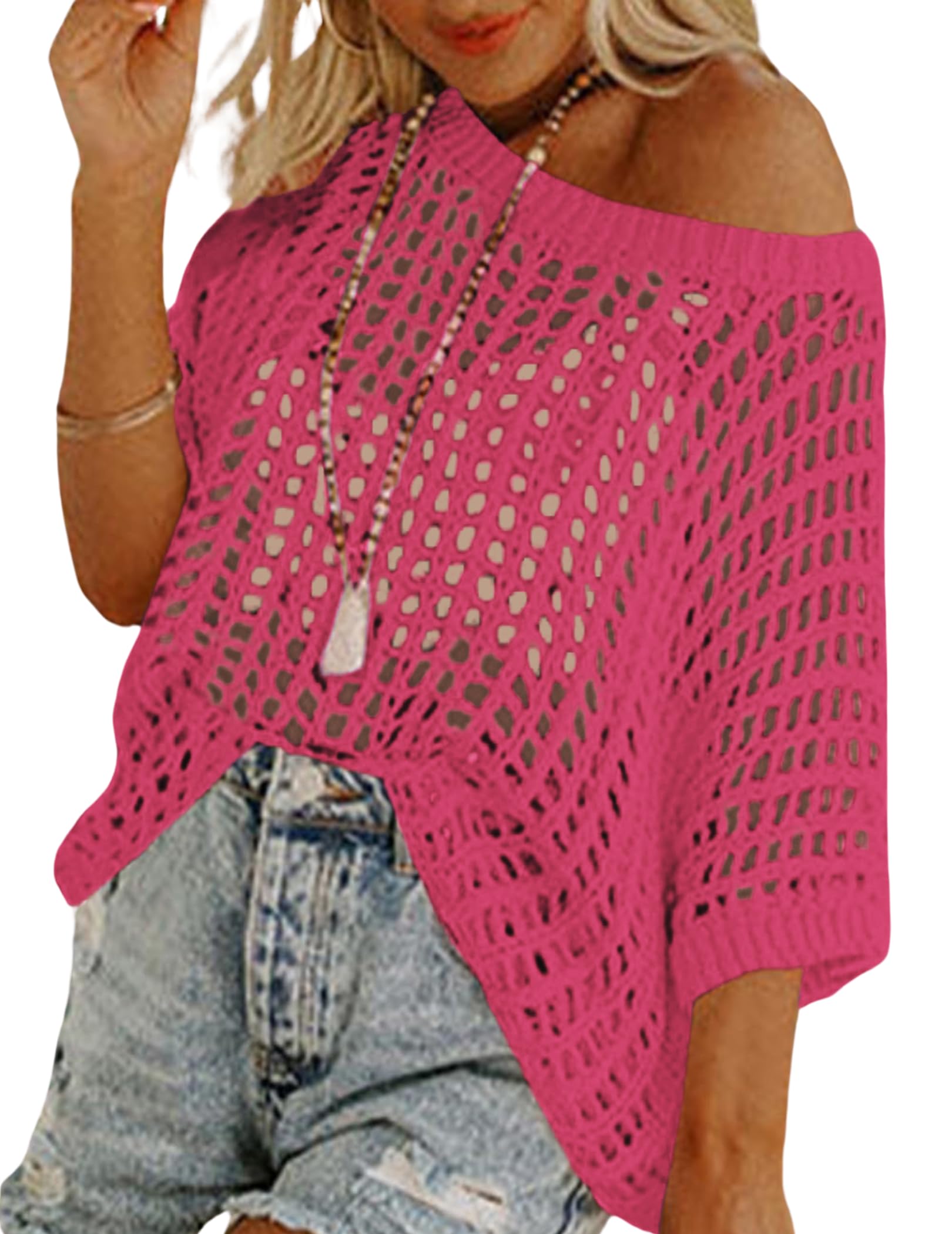 Zeagoo Short Sleeve Crochet Sweater Lightweight Summer Tops Loose Hollow Out Crewneck Pullover