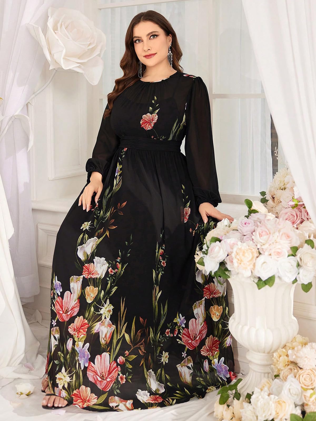 Spring Summer 2024 Plus Size Womens Dresses V Neck Casual Elegant Long Sleeve Floral Print Maxi Dress