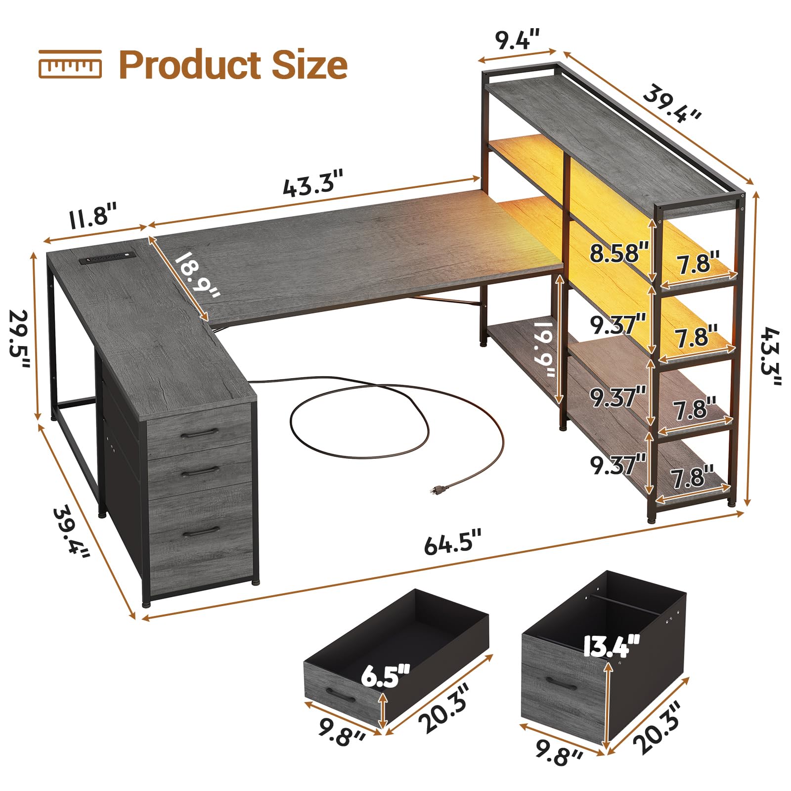 SEDETA L Shaped Gaming Desk, Reversible U Shaped Computer Desk with Power Outlet and Storage Shelves, Corner Gaming Desk with LED Lights, 3 Fabric Drawers, Black