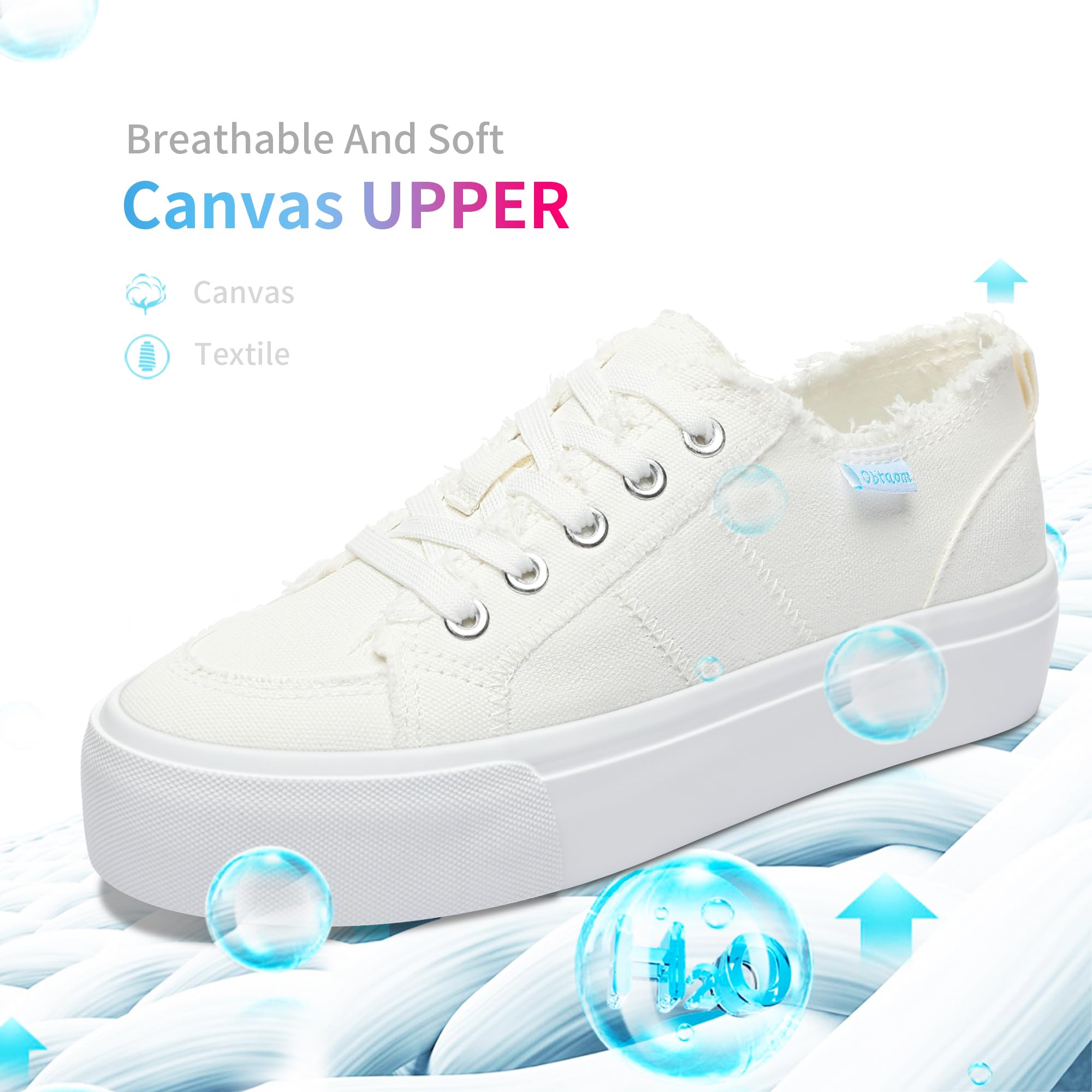 Obtaom Women Platform Canvas Sneakers White Comfort Play Fashion Sneakers Casual Lift Platform Lace Up Shoes Cute Low Top Walking Shoes for Lady