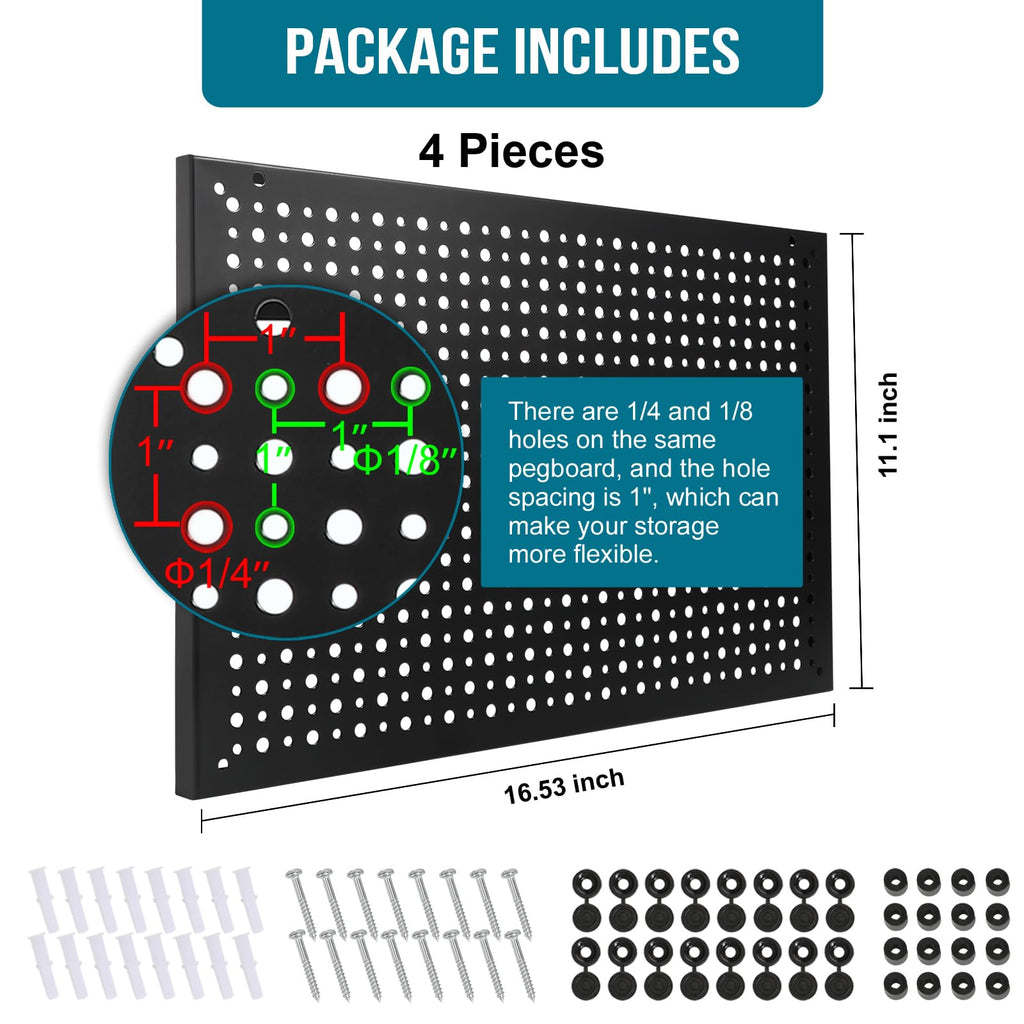 Peg Board,Steel Organization Panels, Ideal for Garage Tool Storage, Office Organization, Craft Room, Kitchen,Pack of 4 (Black, 4-12X12)
