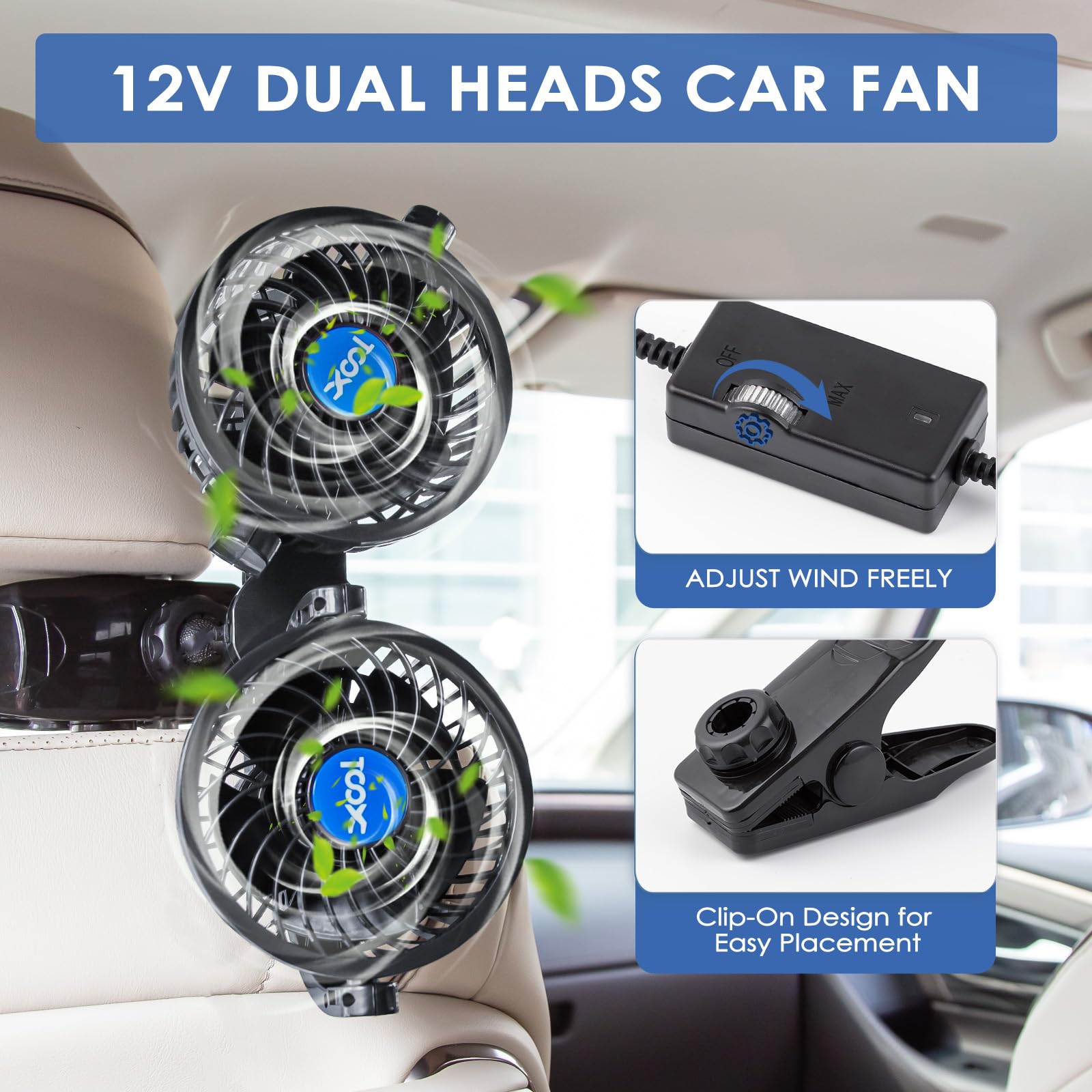 XOOL Clip Car Fan, 9 Inches 12V/24V Fan, 360° Rotatable Electric Cooling Clip on Fan with Stepless Speed Regulation for SUV, RV, Truck