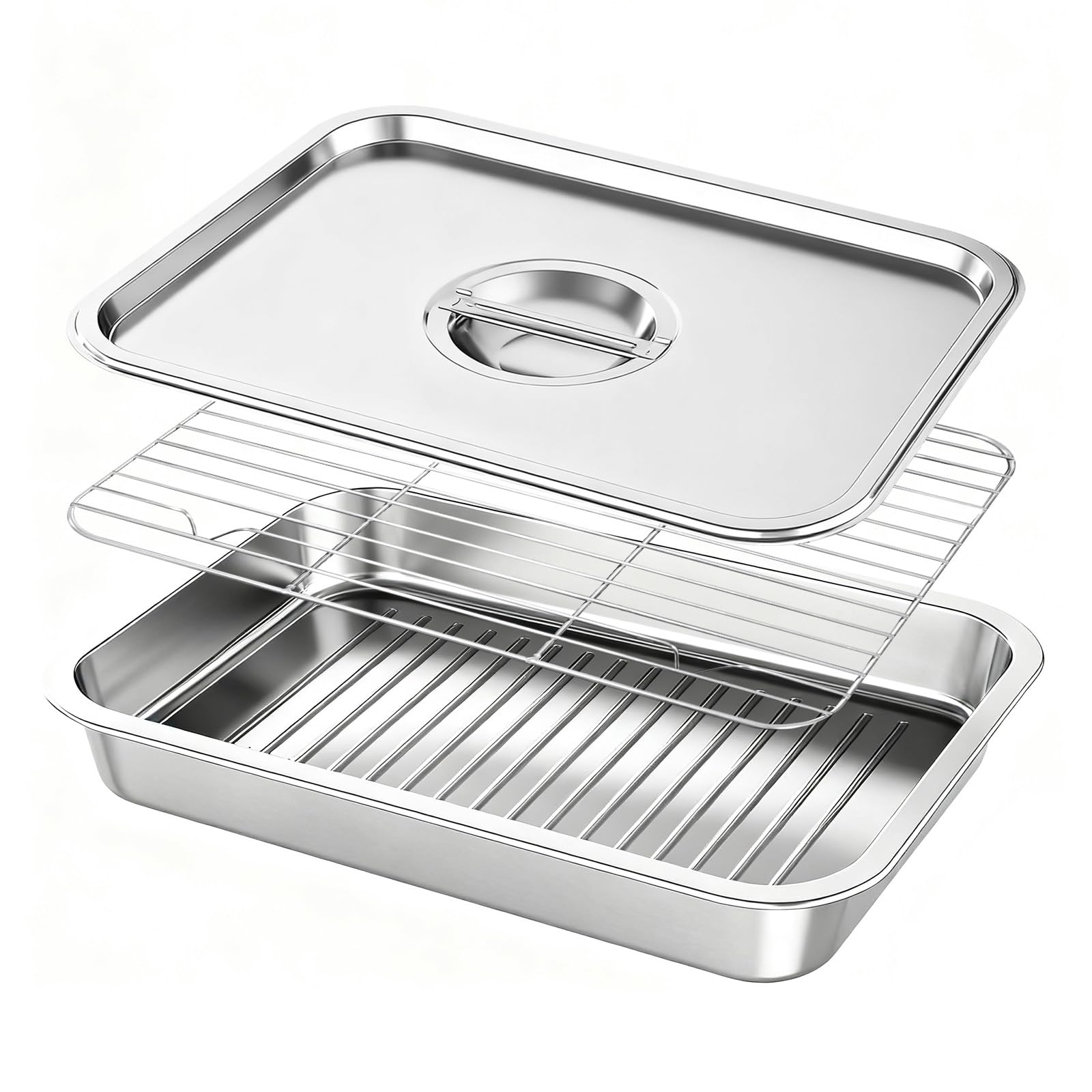 Grill Prep & Serve Tray Set with Lids, 5-Piece Food Prep System for Marinating, Carrying & Serving, Stainless Steel BBQ Trays for Raw & Cooked Food Separation (Rack Included)